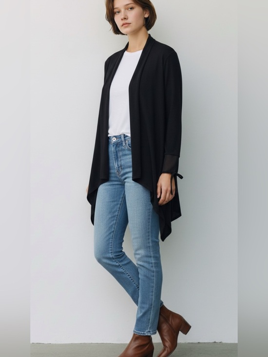 august silk Sweaters - August Silk, Draped Open Front Black Flowing‎ Cardigan Sheer Bell Cuffs.  Large